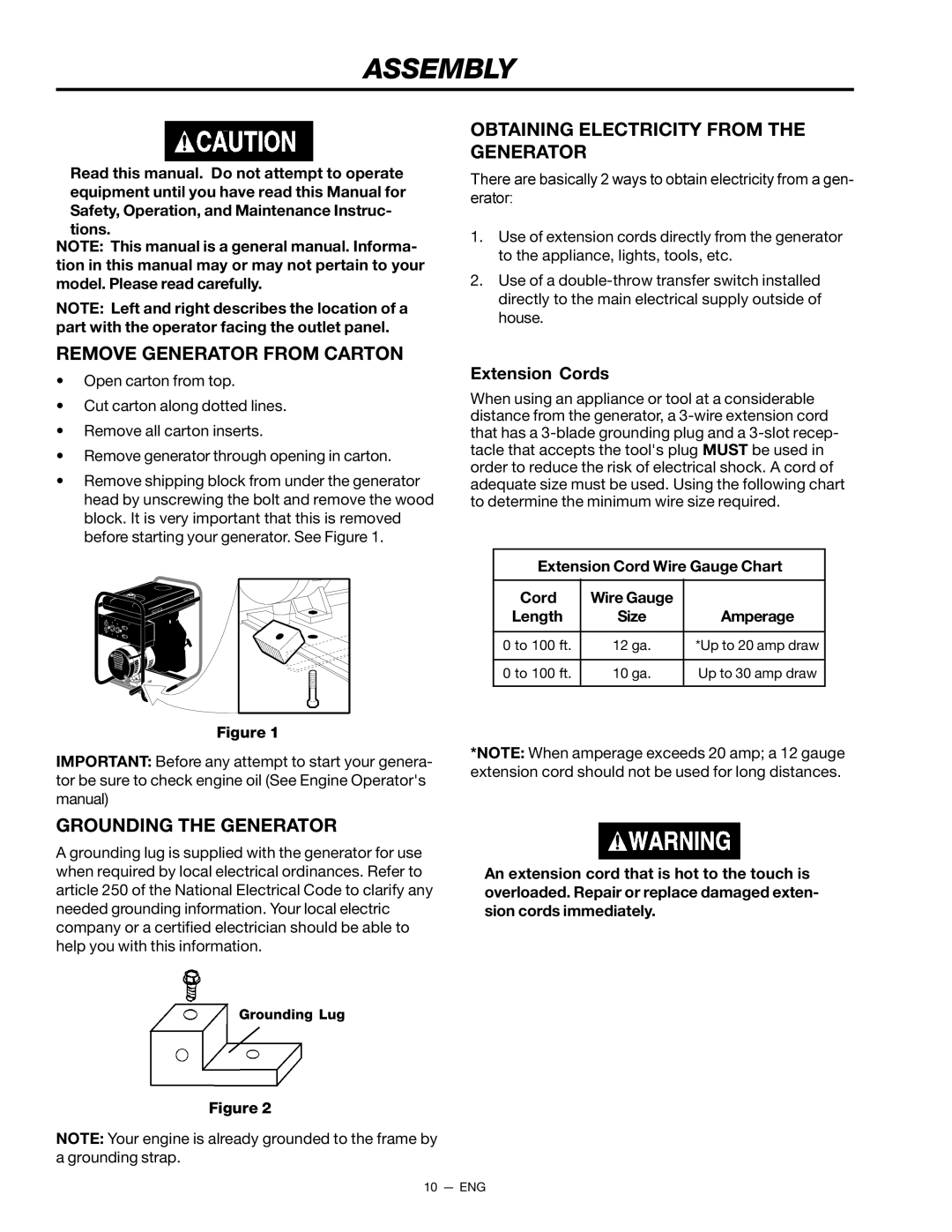 Porter-Cable T550 instruction manual Assembly, Remove Generator from Carton, Grounding the Generator, Extension Cords 