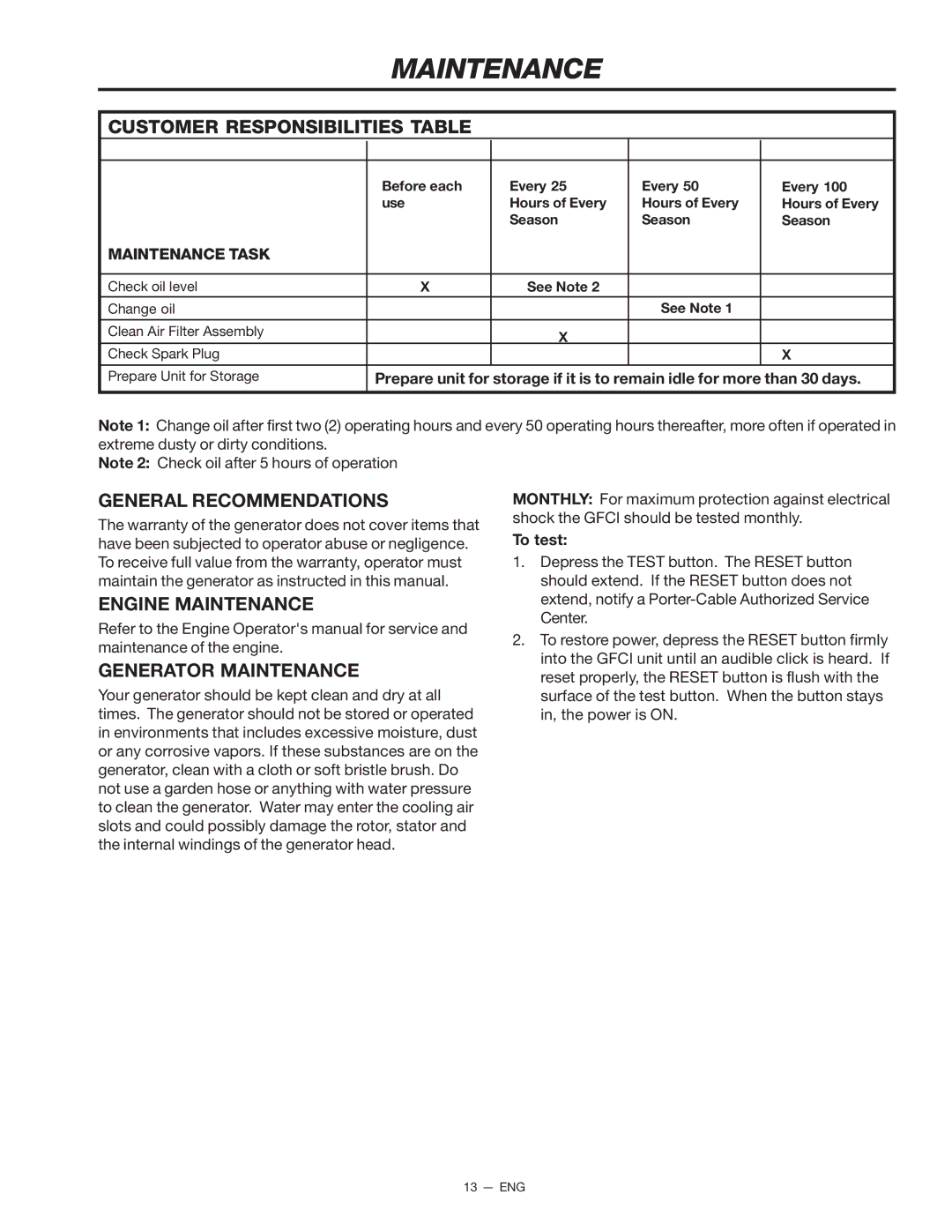 Porter-Cable T550 Customer Responsibilities Table, General Recommendations, Engine Maintenance, Generator Maintenance 