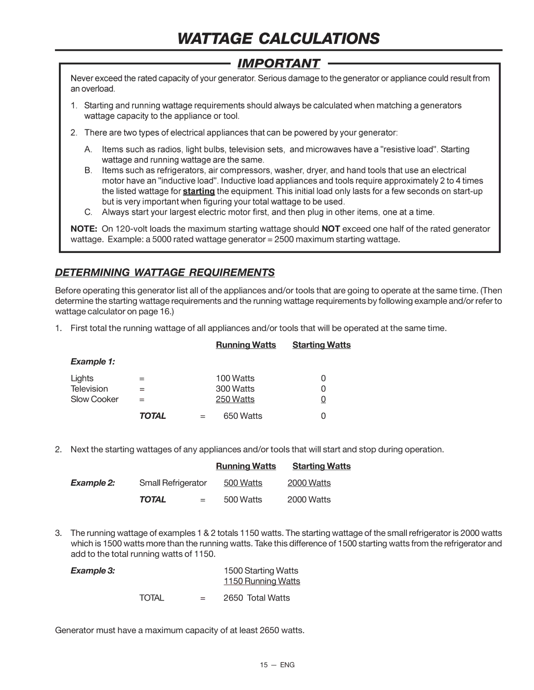 Porter-Cable T550 instruction manual Wattage Calculations, Running Watts Starting Watts 