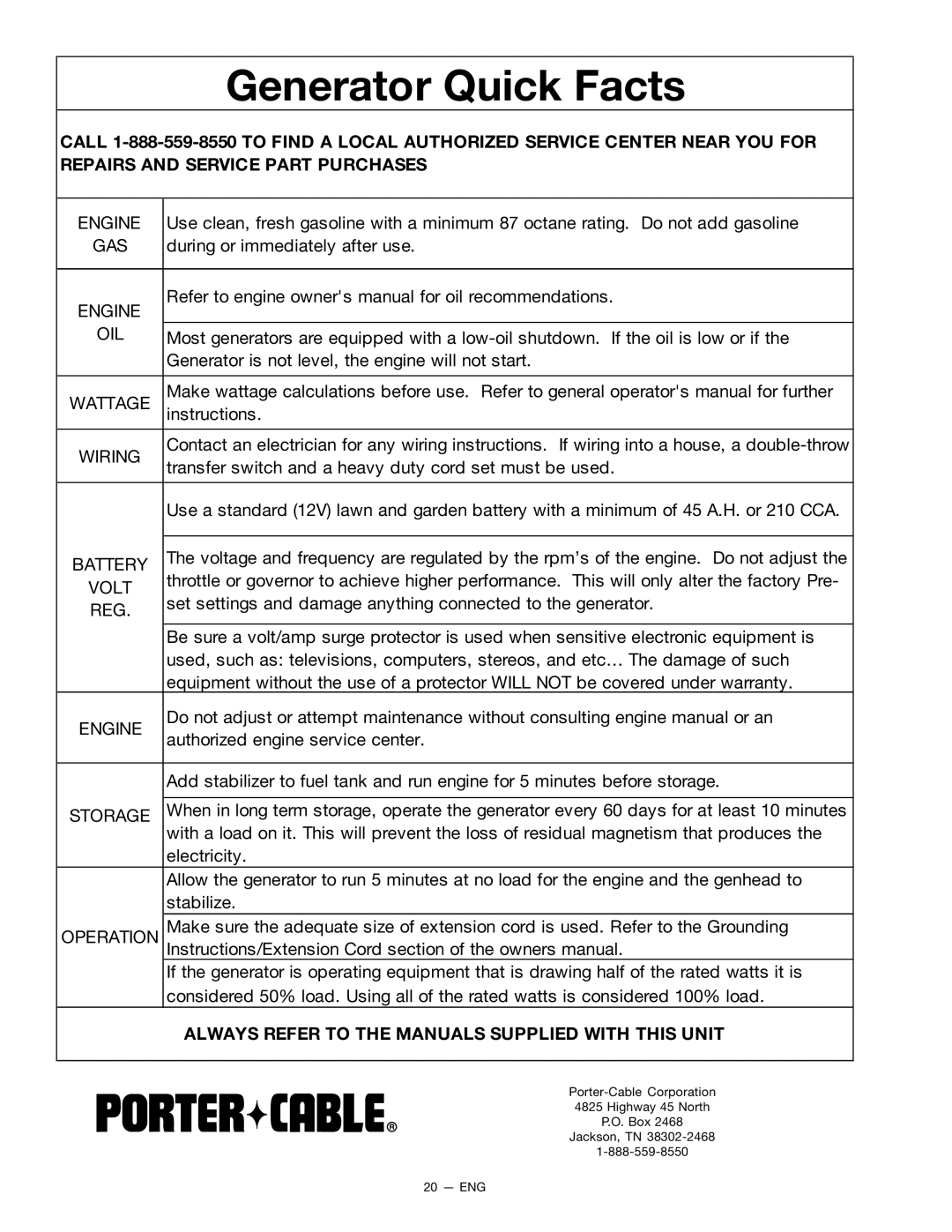 Porter-Cable T550 instruction manual Generator Quick Facts 