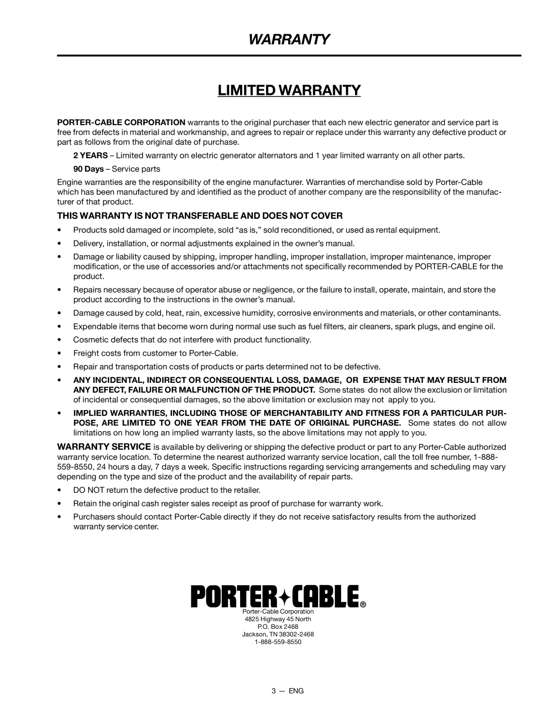 Porter-Cable T550 instruction manual This Warranty is not Transferable and does not Cover 