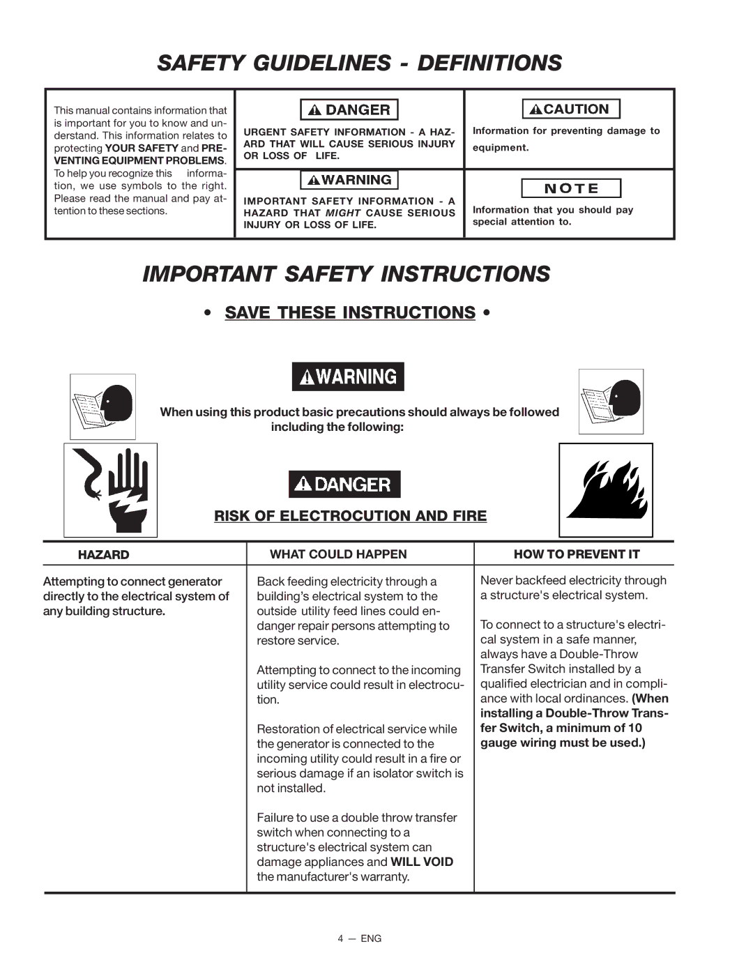 Porter-Cable T550 Safety Guidelines Definitions, Important Safety Instructions, Risk of Electrocution and Fire 