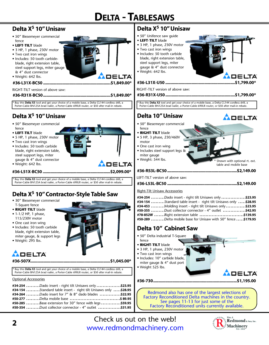 Porter-Cable XX55 manual Delta Tablesaws, Delta X5 10Unisaw, Delta X5 10Contractor-Style Table Saw, Delta 10Unisaw 