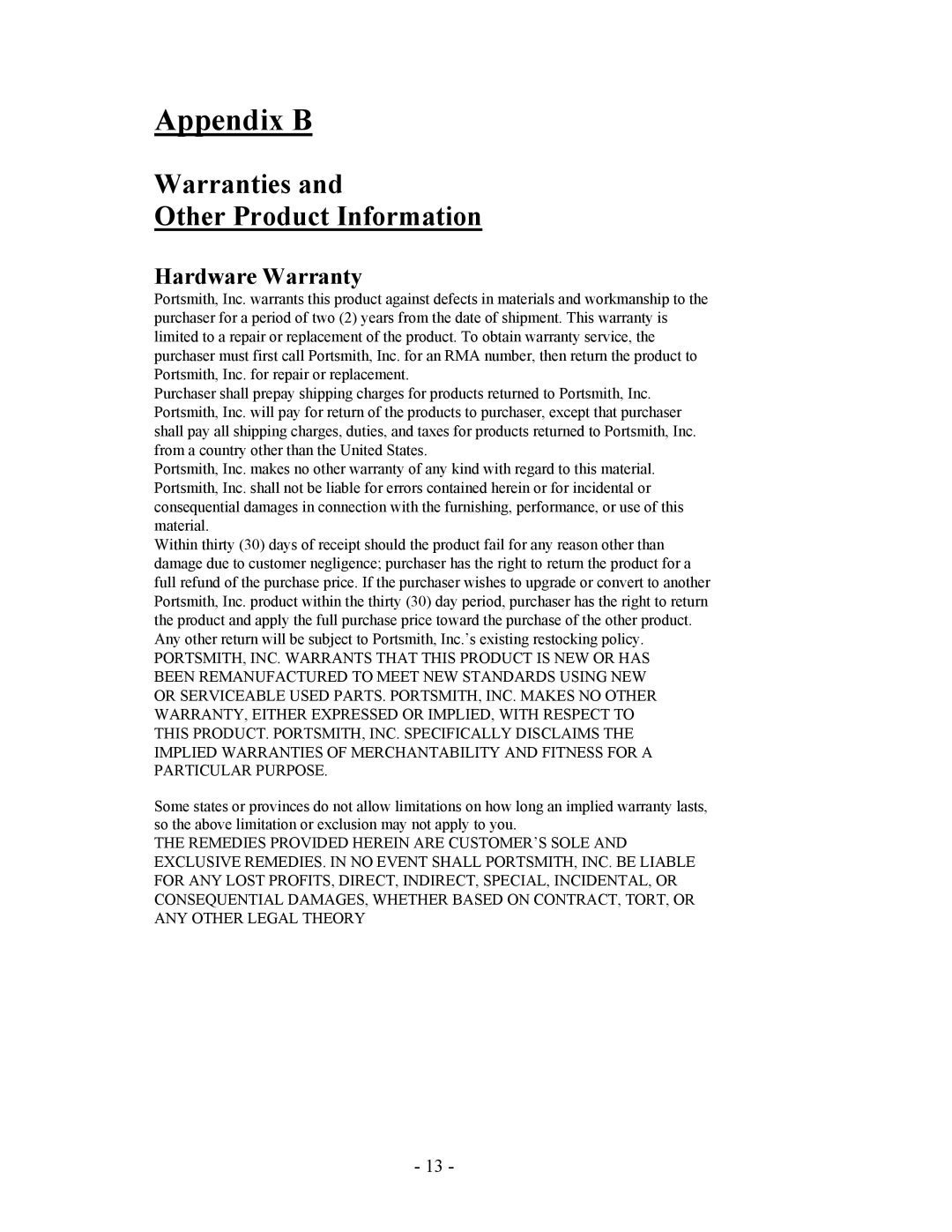 Portsmith PS6SPM5E-6, PS6PM5E, PS6HVE manual Appendix B, Warranties Other Product Information, Hardware Warranty 