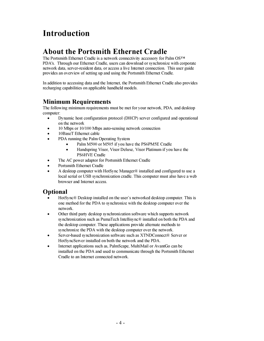 Portsmith PS6SPM5E-6, PS6PM5E, PS6HVE Introduction, About the Portsmith Ethernet Cradle, Minimum Requirements, Optional 