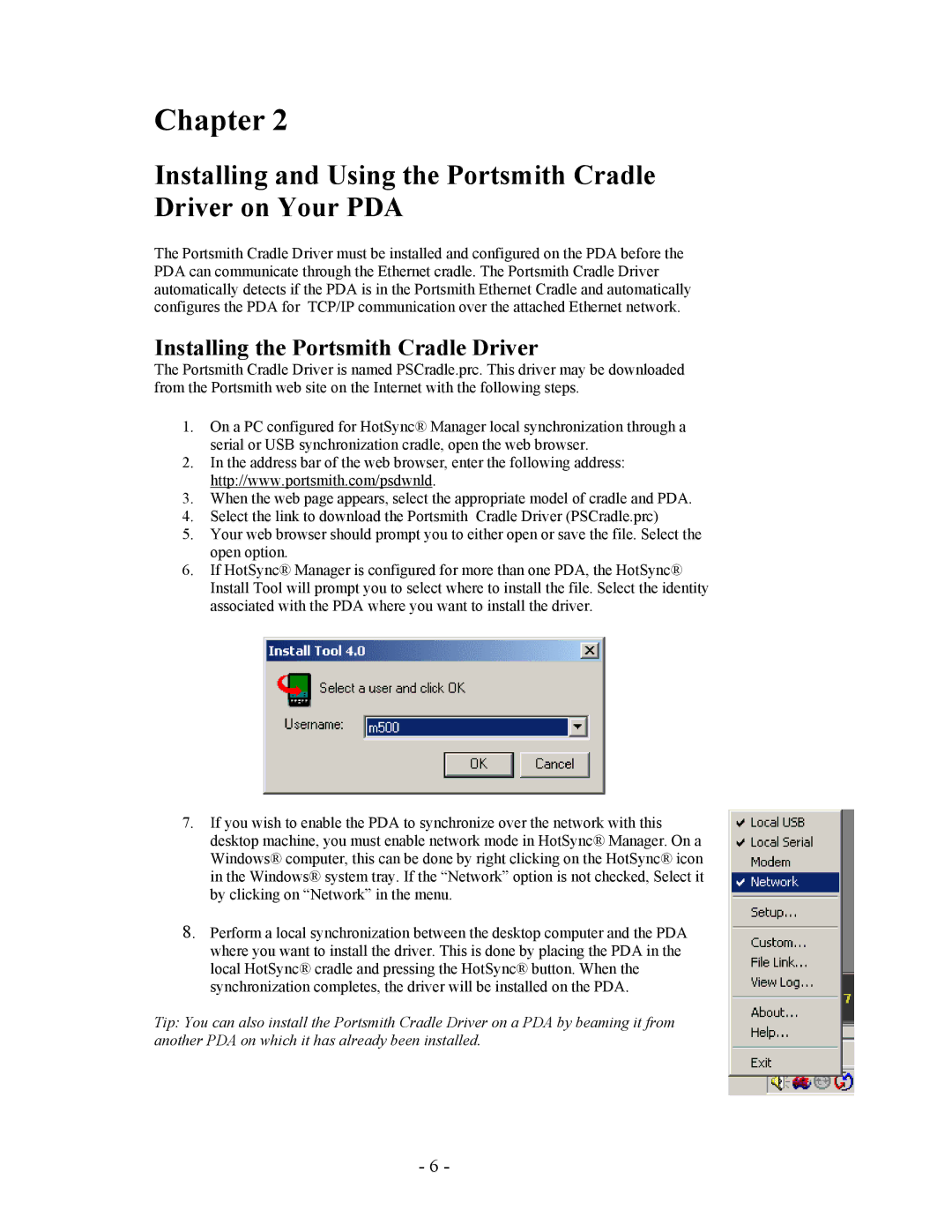 Portsmith PS6PM5E Installing and Using the Portsmith Cradle Driver on Your PDA, Installing the Portsmith Cradle Driver 