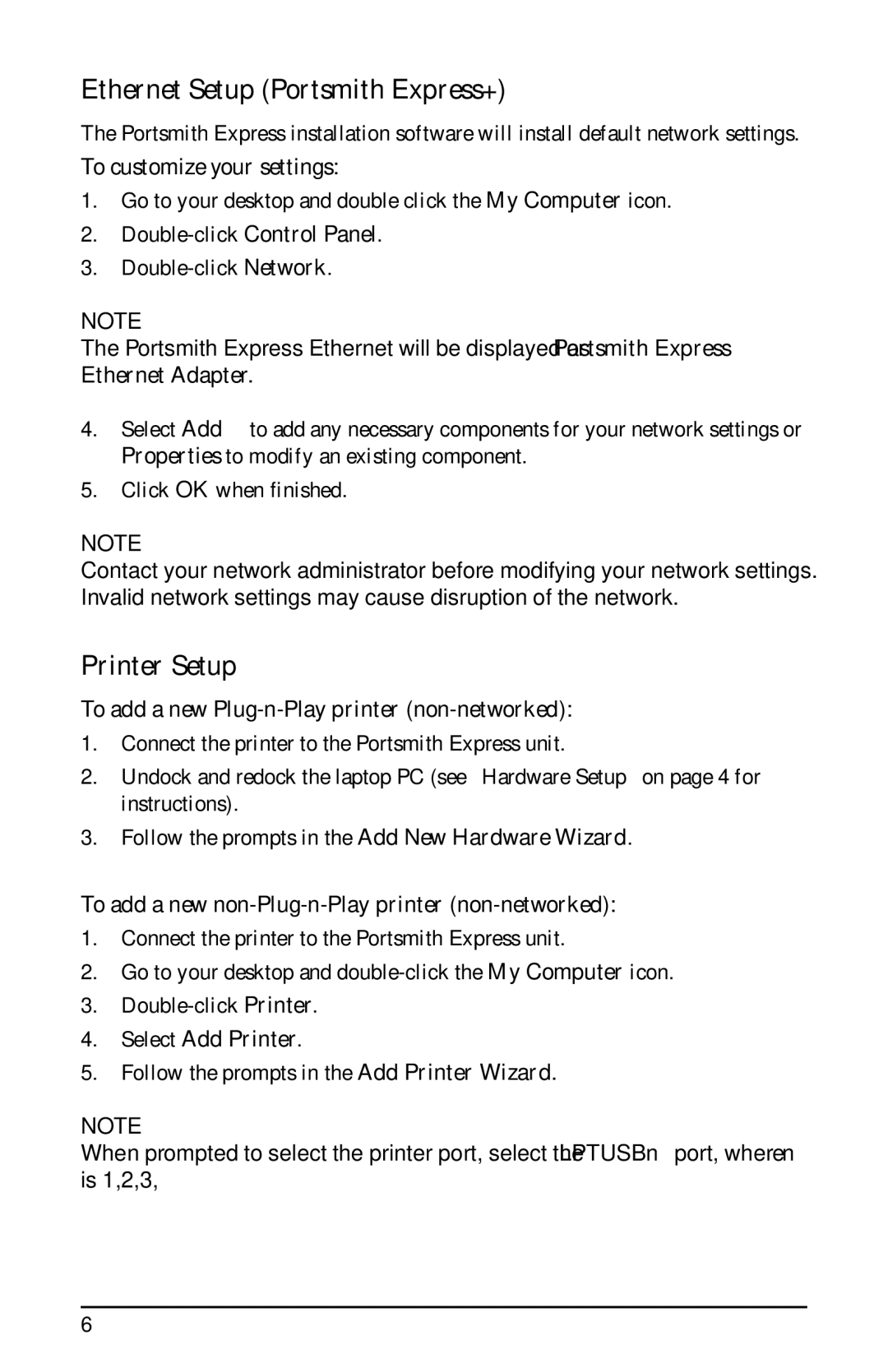 Portsmith USB user manual Ethernet Setup Portsmith Express+, Printer Setup 