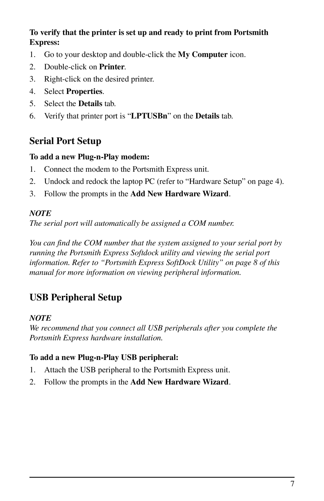 Portsmith user manual Serial Port Setup, USB Peripheral Setup, Select Properties, To add a new Plug-n-Play modem 