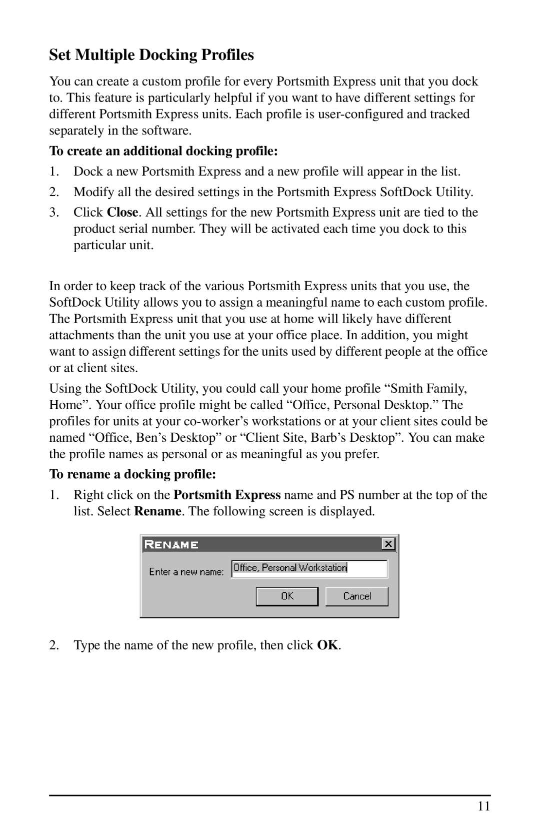 Portsmith USB Set Multiple Docking Profiles, To create an additional docking profile, To rename a docking profile 