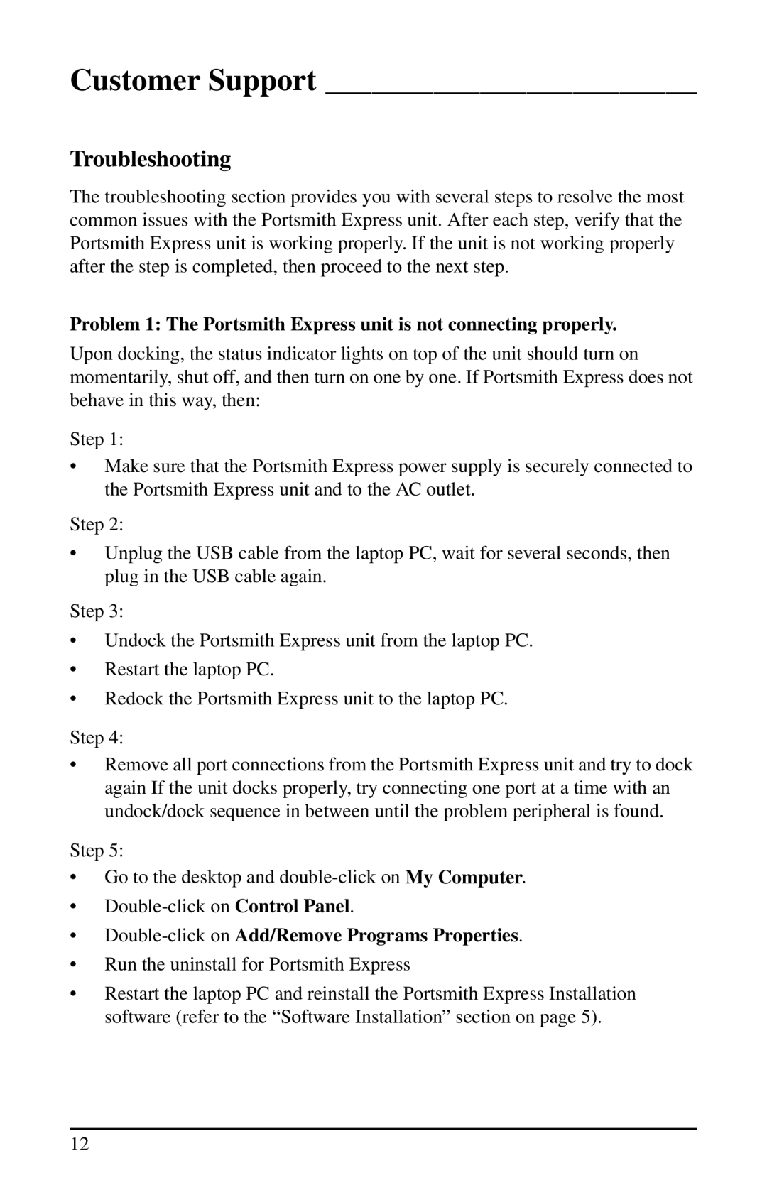 Portsmith USB user manual Customer Support, Troubleshooting, Double-click on Add/Remove Programs Properties 