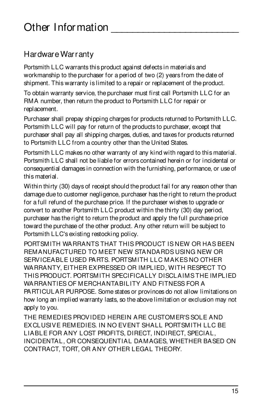 Portsmith USB user manual Other Information, Hardware Warranty 