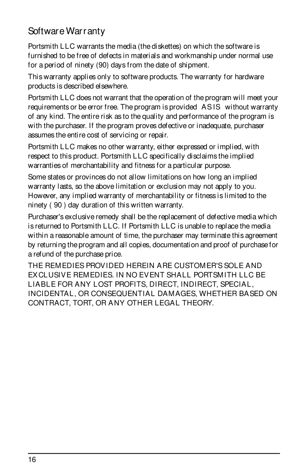 Portsmith USB user manual Software Warranty 