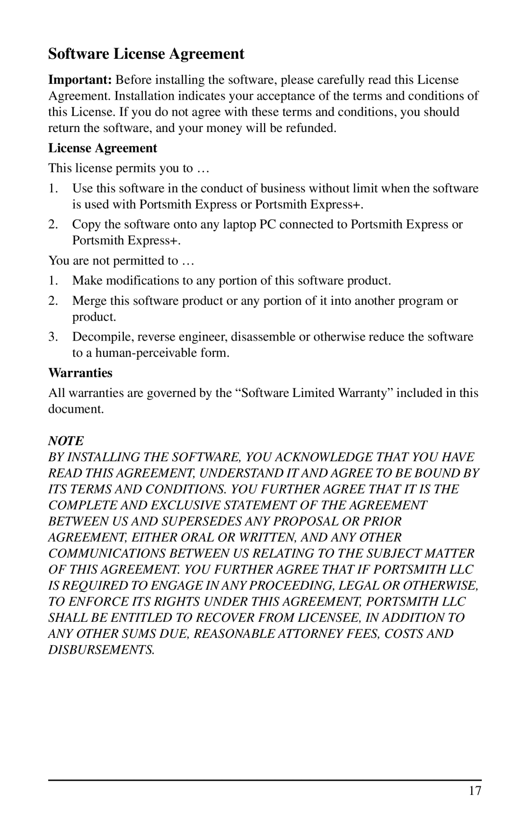 Portsmith USB user manual Software License Agreement, Warranties 