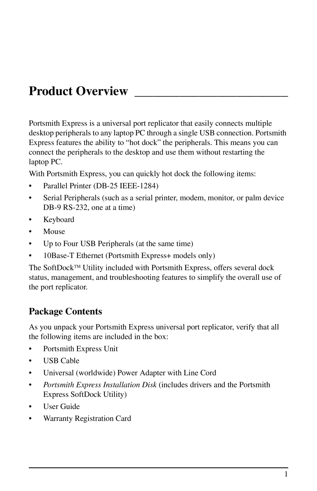 Portsmith USB user manual Product Overview, Package Contents 