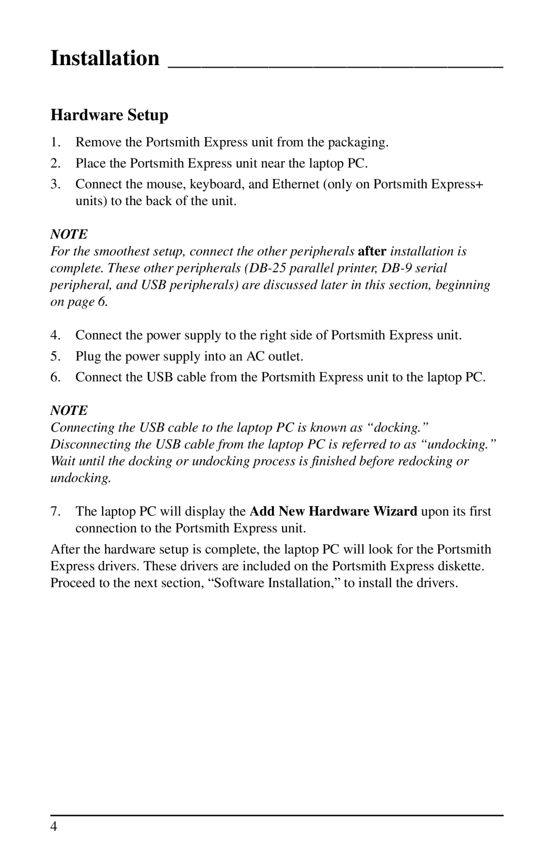 Portsmith USB user manual Installation, Hardware Setup 