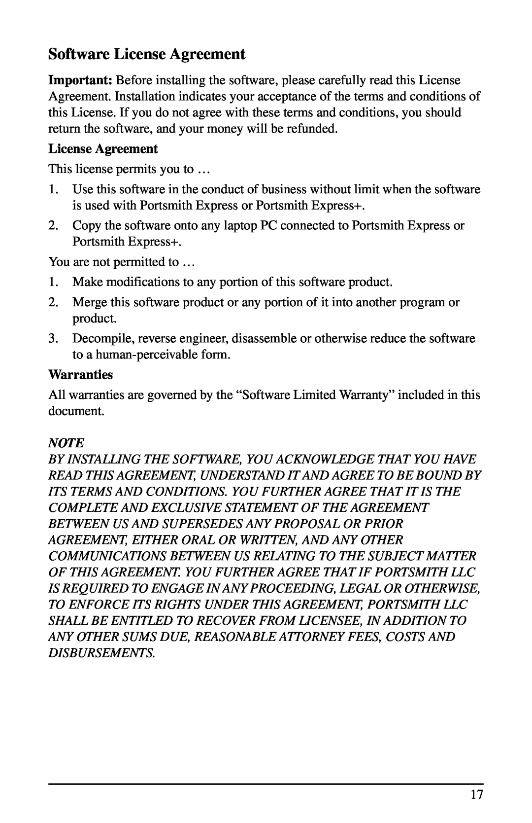 Portsmith USB user manual Software License Agreement, Warranties 