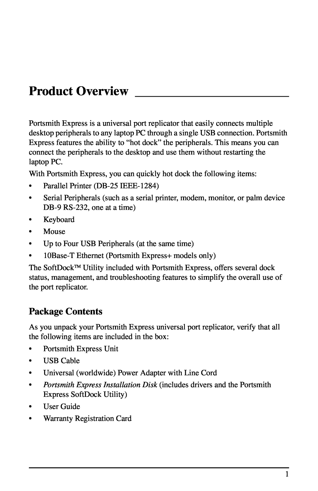 Portsmith USB user manual Product Overview, Package Contents 