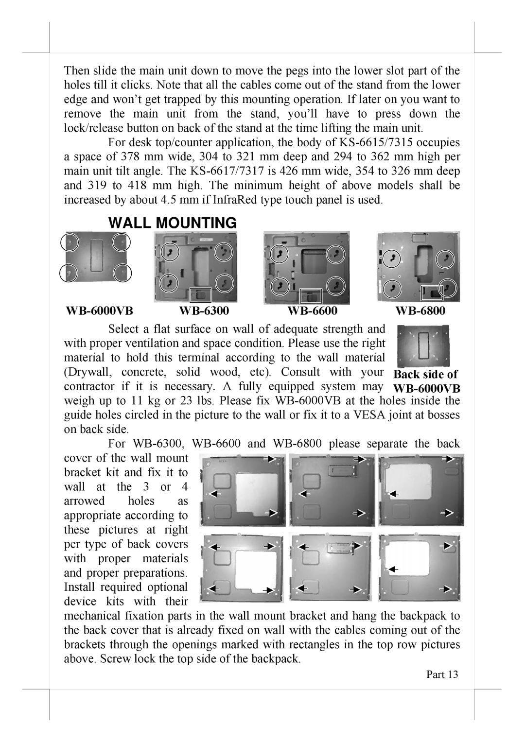 POSIFLEX Business Machines 16560900020 user manual Wall Mounting, WB-6000VB WB-6300 WB-6600 WB-6800 