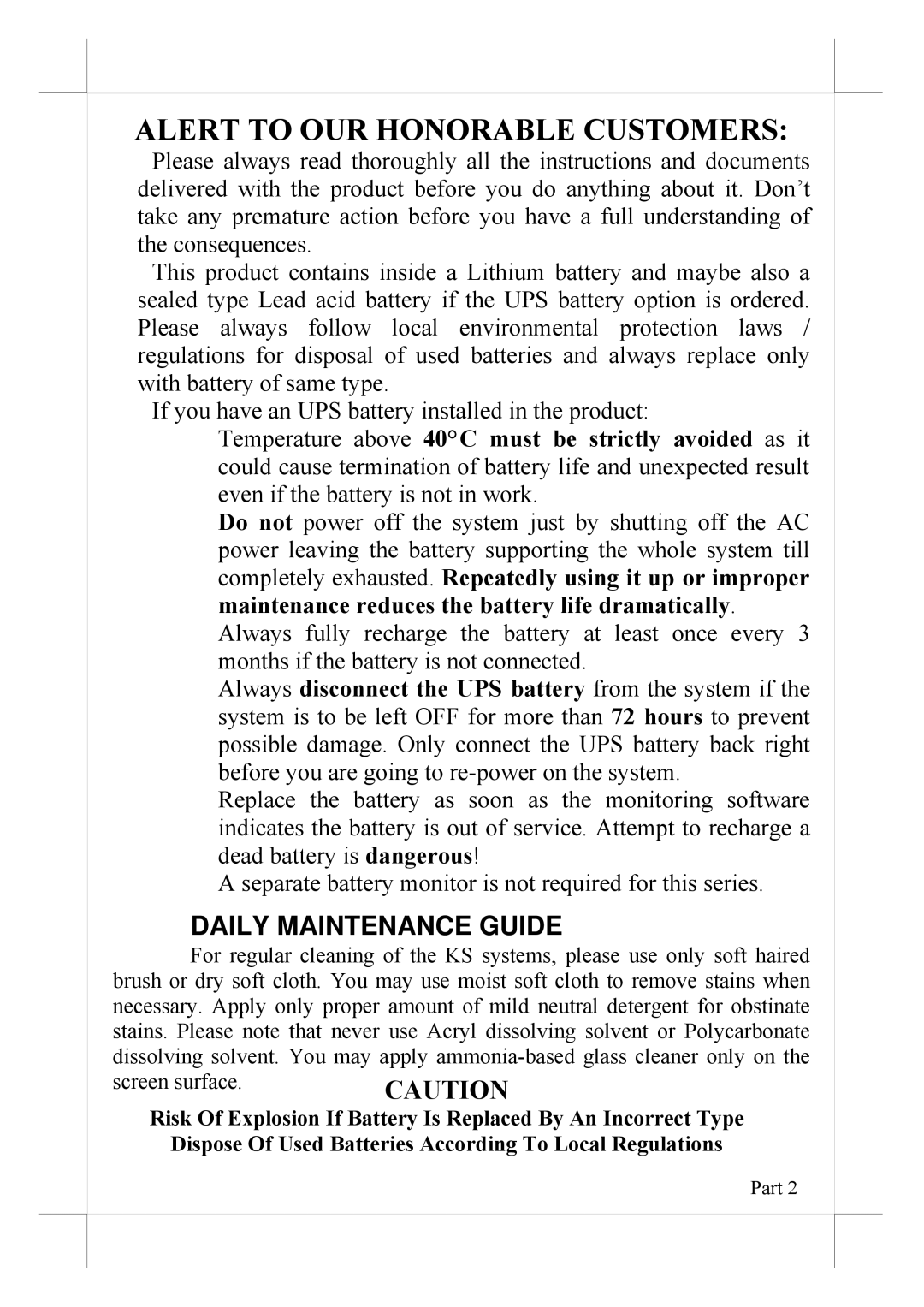 POSIFLEX Business Machines 16560900020 user manual Alert to OUR Honorable Customers, Daily Maintenance Guide 