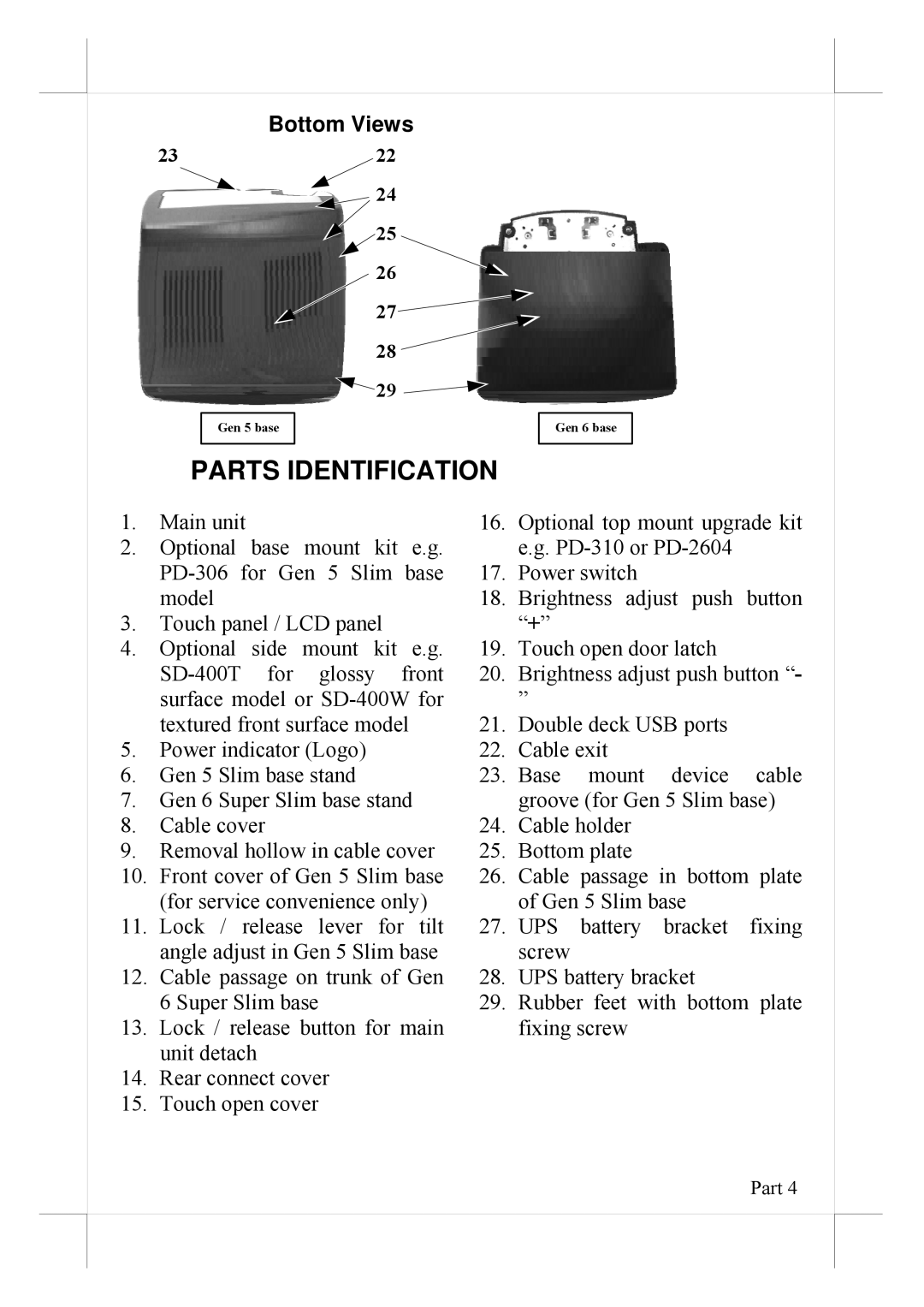 POSIFLEX Business Machines 16560900020 user manual Parts Identification, Bottom Views 