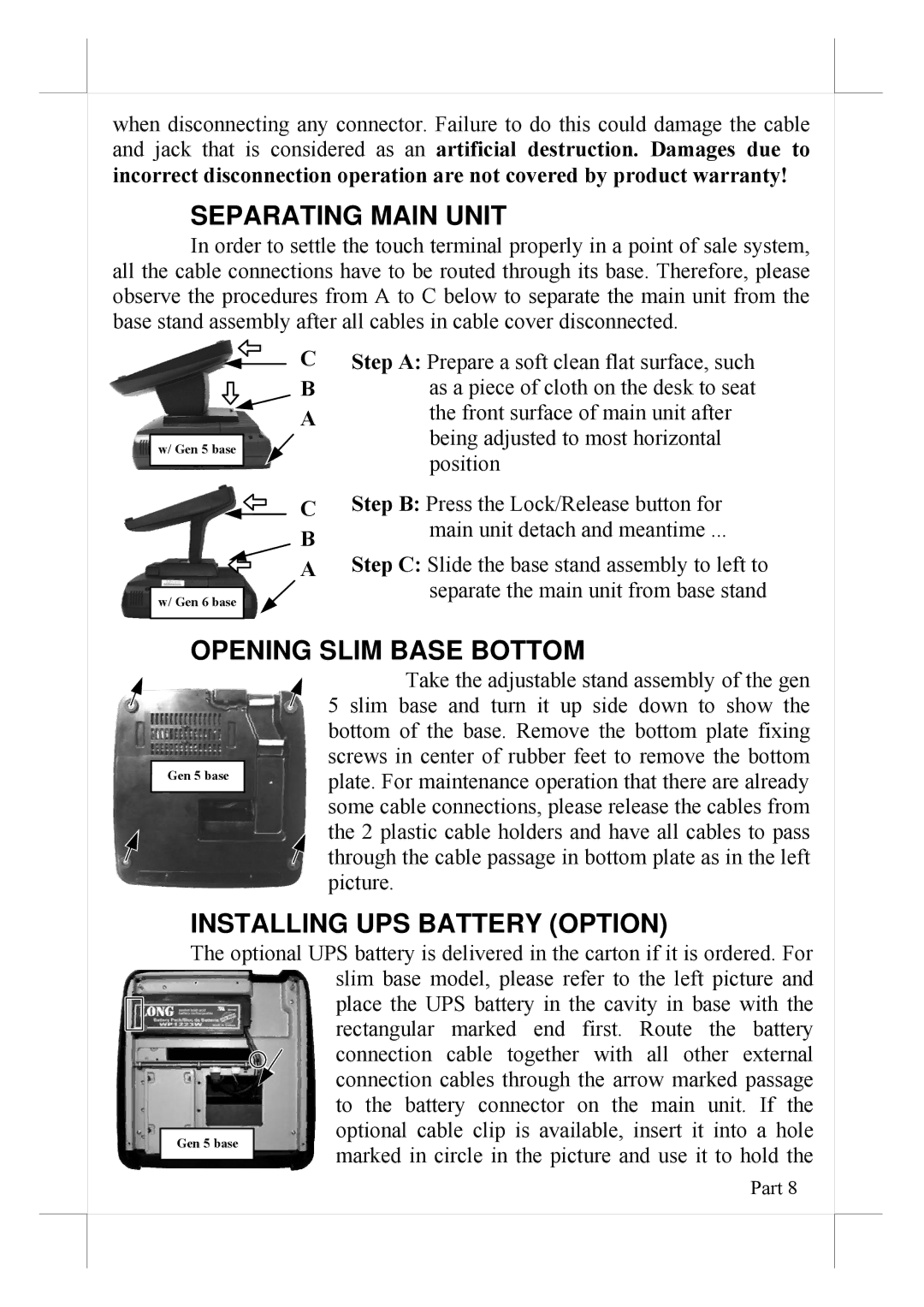 POSIFLEX Business Machines 16560900020 Separating Main Unit, Opening Slim Base Bottom, Installing UPS Battery Option 