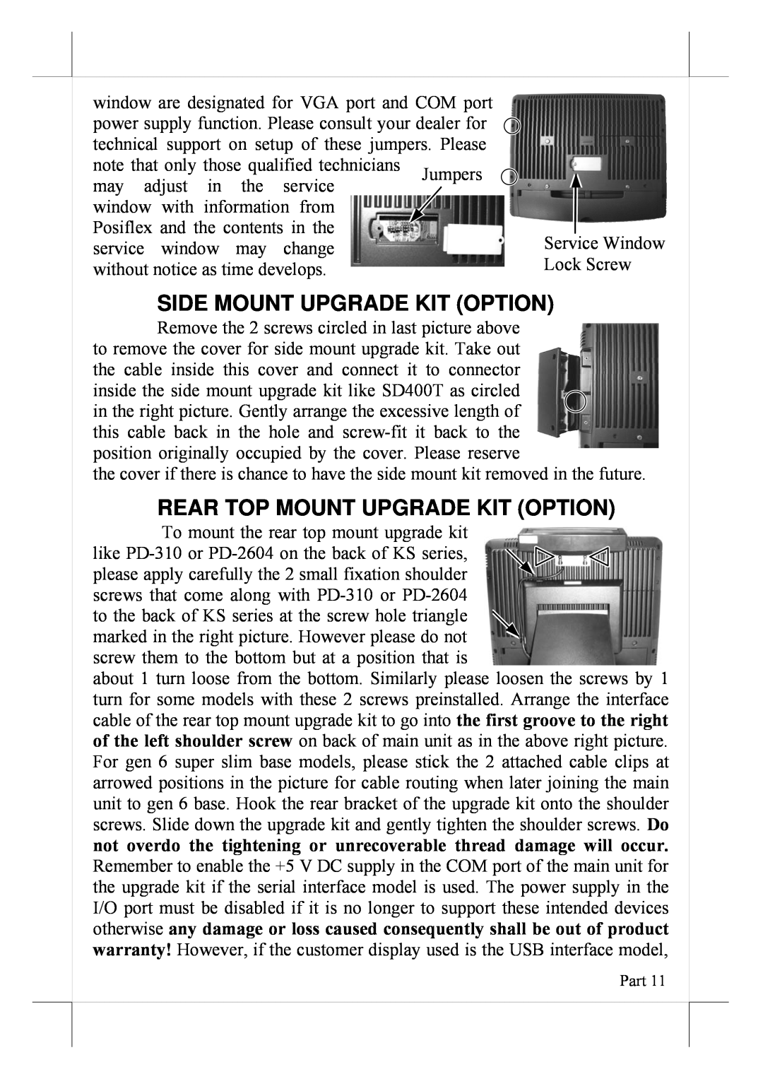POSIFLEX Business Machines 16560900020 user manual Side Mount Upgrade Kit Option, Rear Top Mount Upgrade Kit Option 
