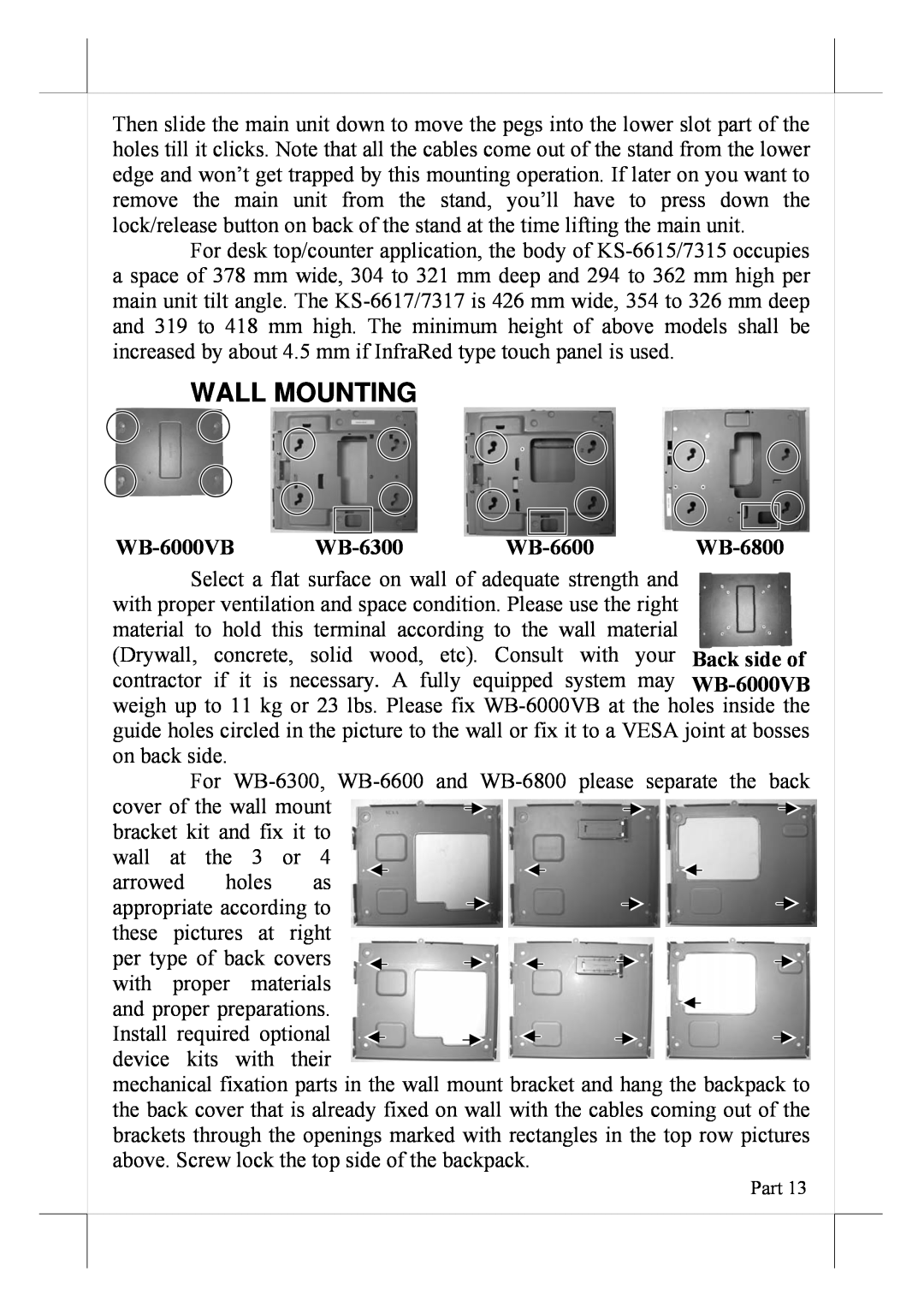 POSIFLEX Business Machines 16560900020 user manual Wall Mounting, WB-6000VB WB-6300 WB-6600 WB-6800 