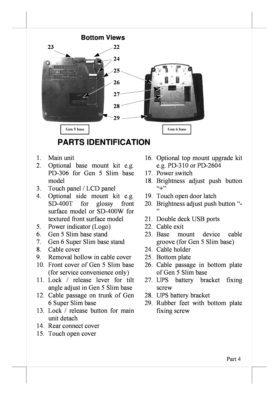 POSIFLEX Business Machines 16560900020 user manual Parts Identification, Bottom Views 