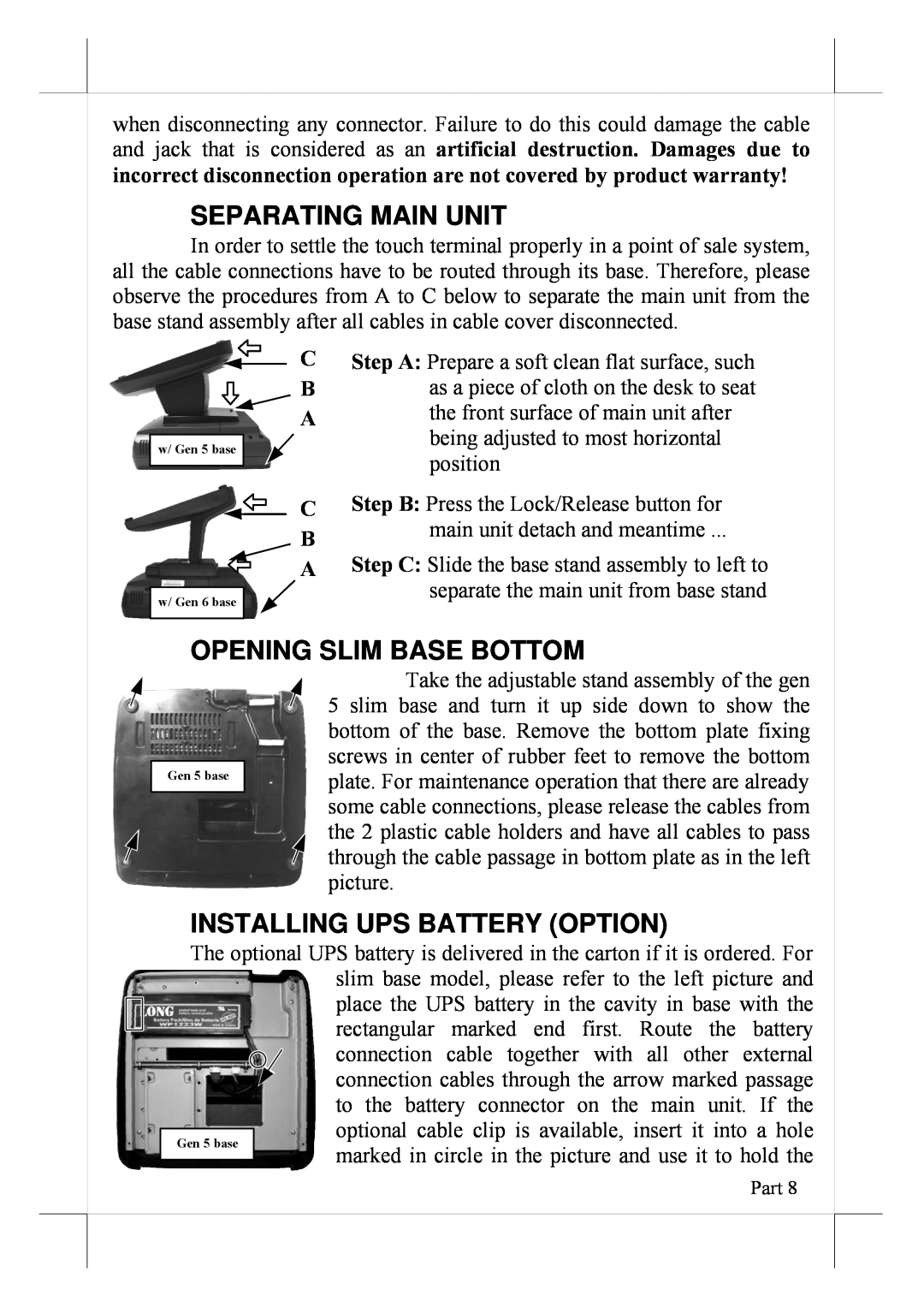 POSIFLEX Business Machines 16560900020 Separating Main Unit, Opening Slim Base Bottom, Installing Ups Battery Option 