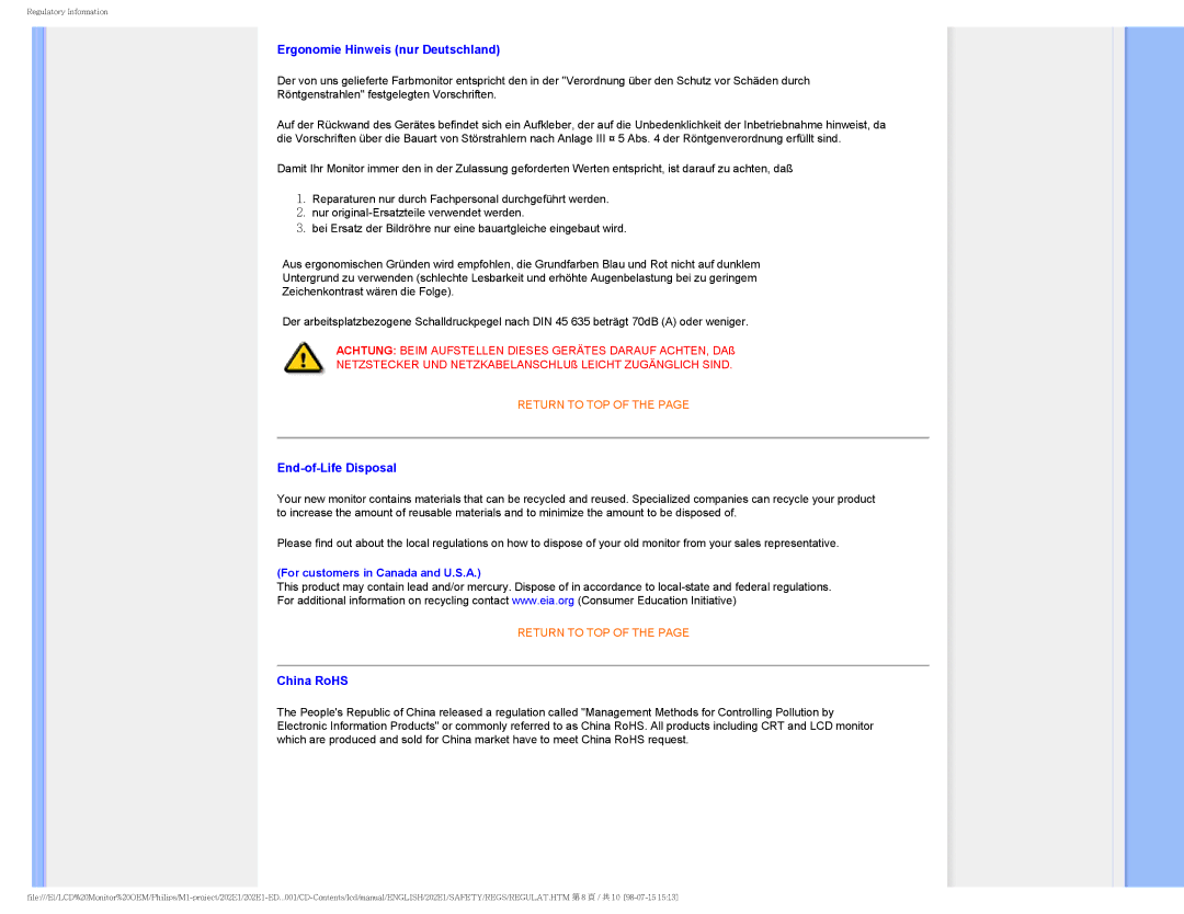 POSIFLEX Business Machines 202EI user manual Ergonomie Hinweis nur Deutschland, End-of-Life Disposal, China RoHS 