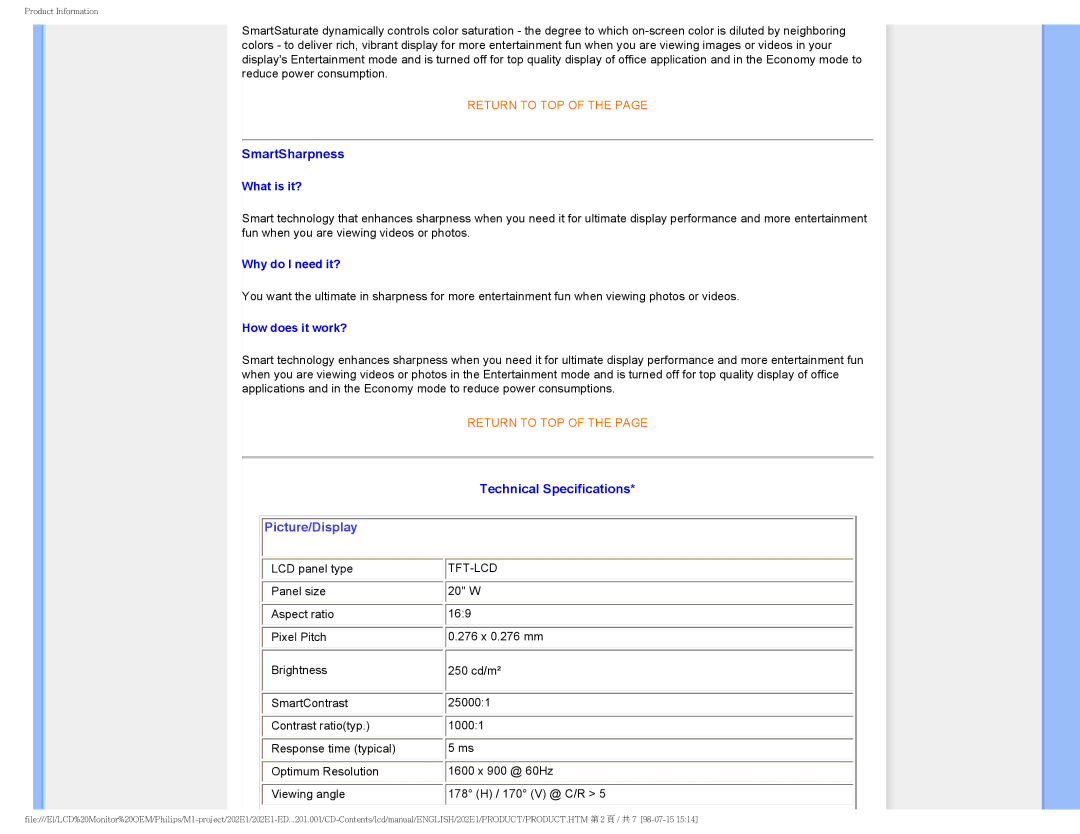 POSIFLEX Business Machines 202EI user manual SmartSharpness, Technical Specifications 