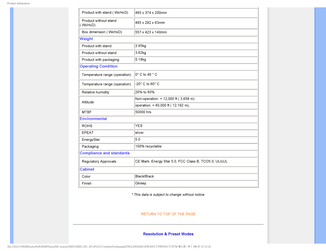 POSIFLEX Business Machines 202EI user manual Operating Condition, Resolution & Preset Modes 