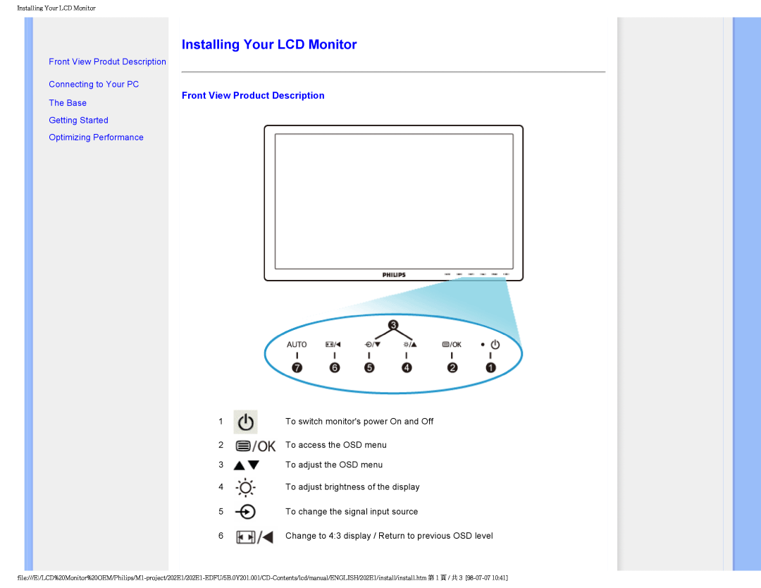 POSIFLEX Business Machines 202EI user manual Installing Your LCD Monitor, Front View Product Description 