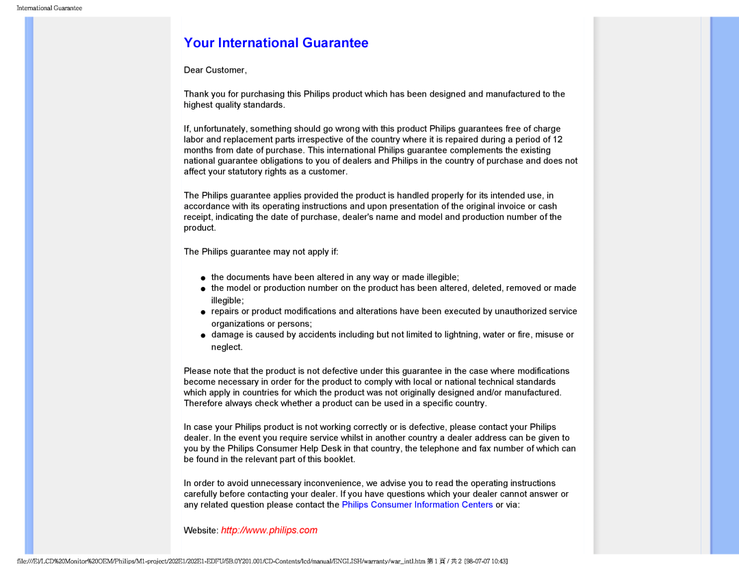 POSIFLEX Business Machines 202EI user manual Your International Guarantee 