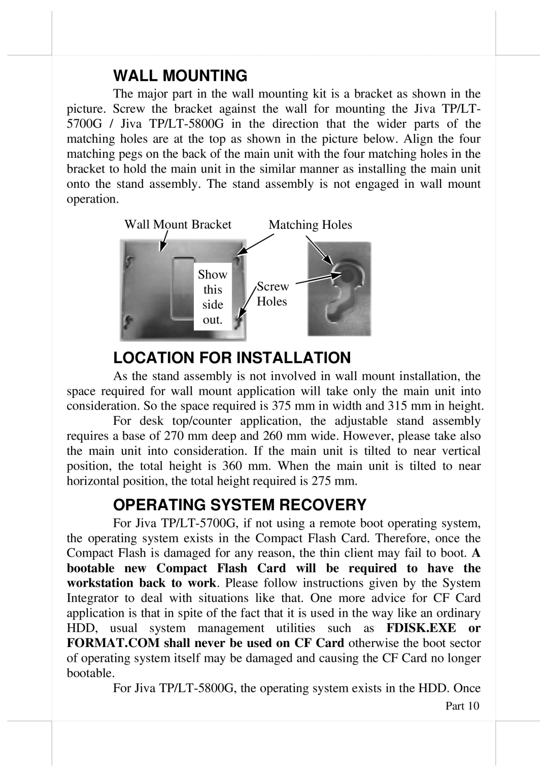 POSIFLEX Business Machines 5800G, 5700G user manual Wall Mounting, Location for Installation, Operating System Recovery 