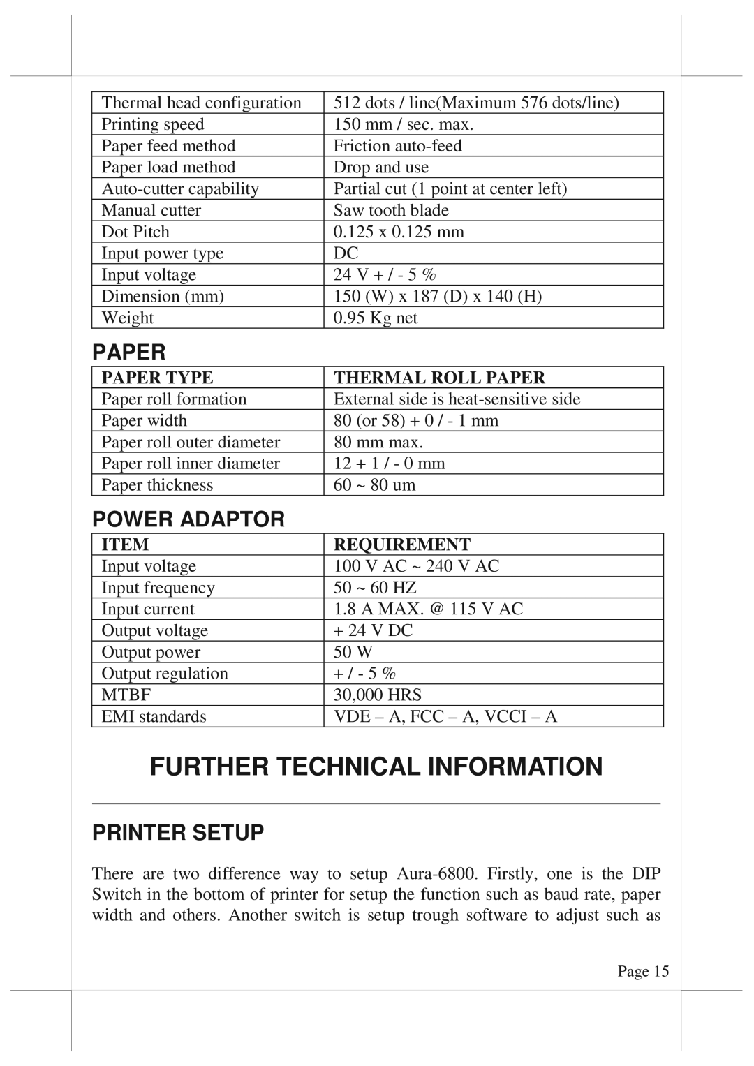 POSIFLEX Business Machines 6800 warranty Further Technical Information, Paper, Power Adaptor, Printer Setup 