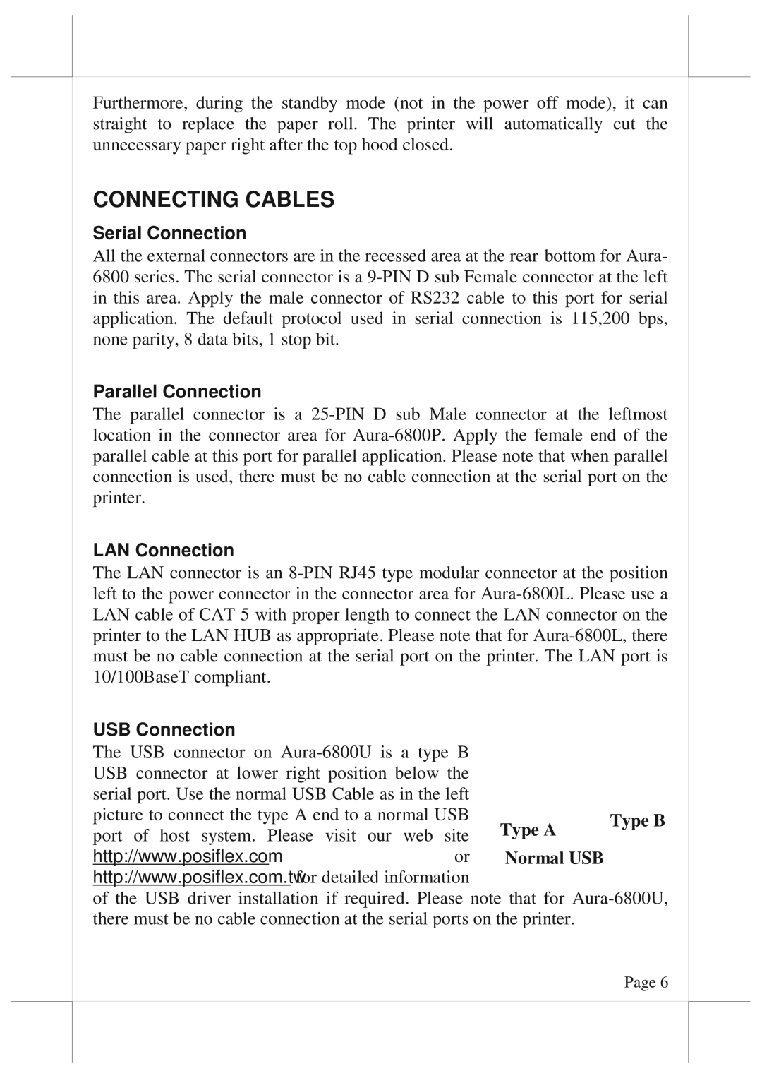 POSIFLEX Business Machines 6800 Connecting Cables, Serial Connection, Parallel Connection, LAN Connection, USB Connection 