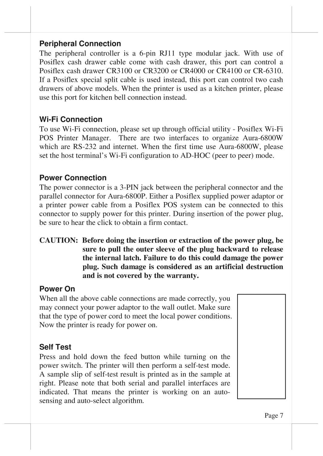 POSIFLEX Business Machines 6800 warranty Peripheral Connection, Wi-Fi Connection, Power Connection, Power On, Self Test 