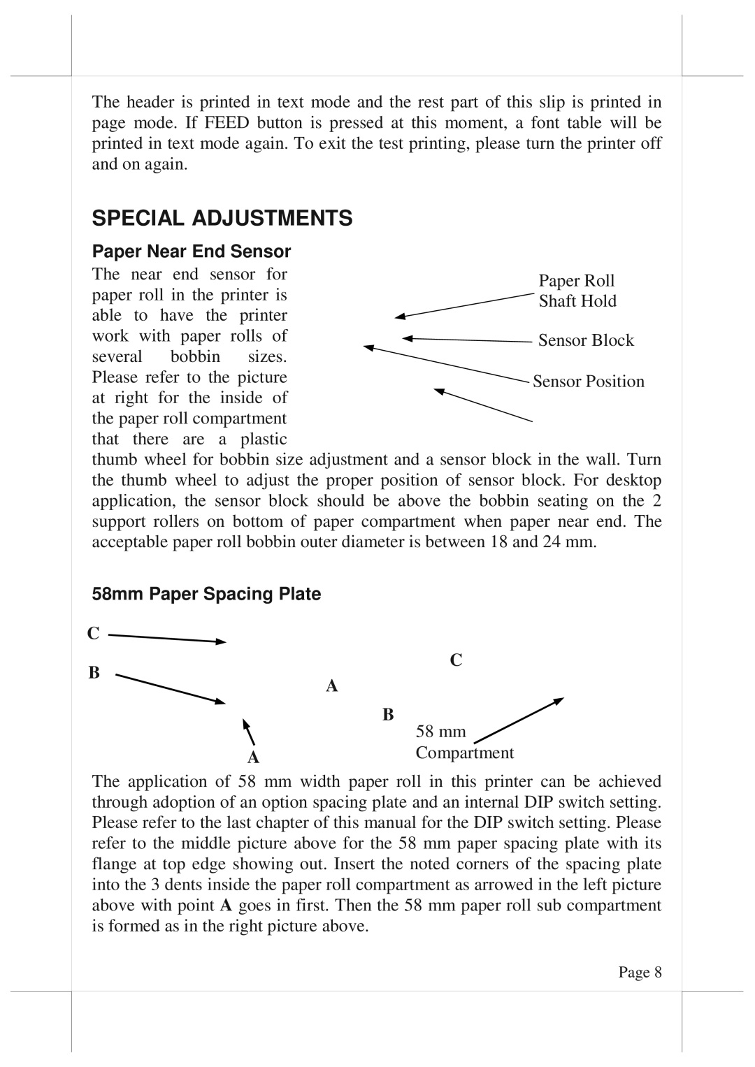 POSIFLEX Business Machines 6800 warranty Special Adjustments, Paper Near End Sensor, 58mm Paper Spacing Plate 