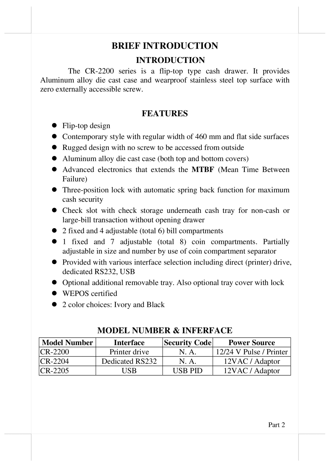 POSIFLEX Business Machines CR-2200 user manual Introduction, Features, Model Number & Inferface 