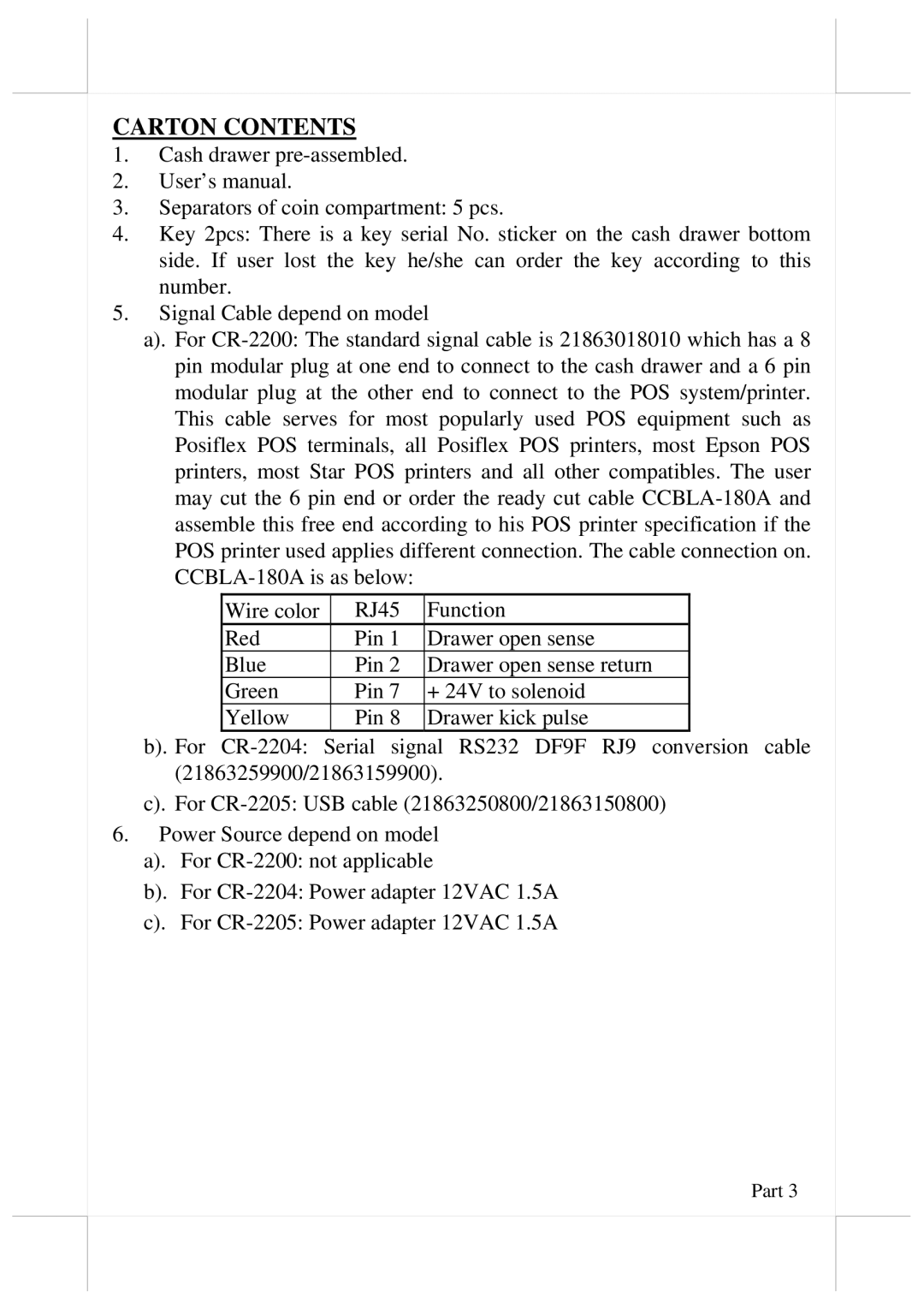 POSIFLEX Business Machines CR-2200 user manual Carton Contents 