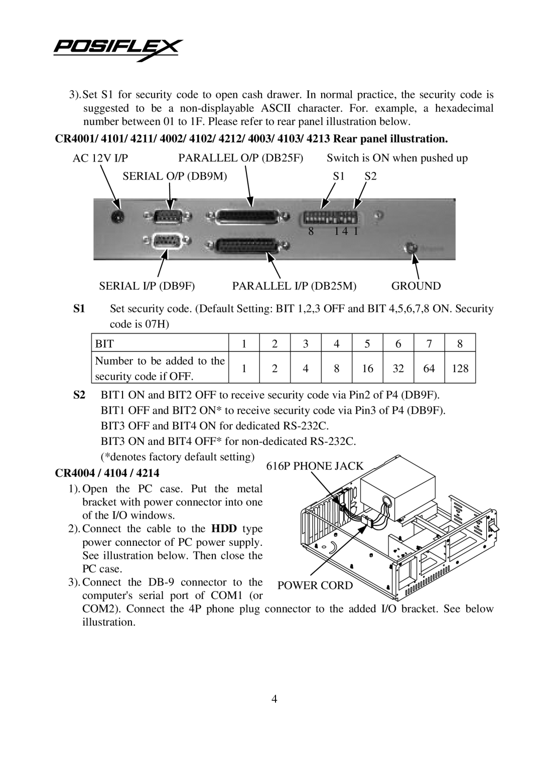 POSIFLEX Business Machines CR-4000 user manual Serial O/P DB9M Serial I/P DB9F Parallel I/P DB25M Ground, CR4004 / 4104 