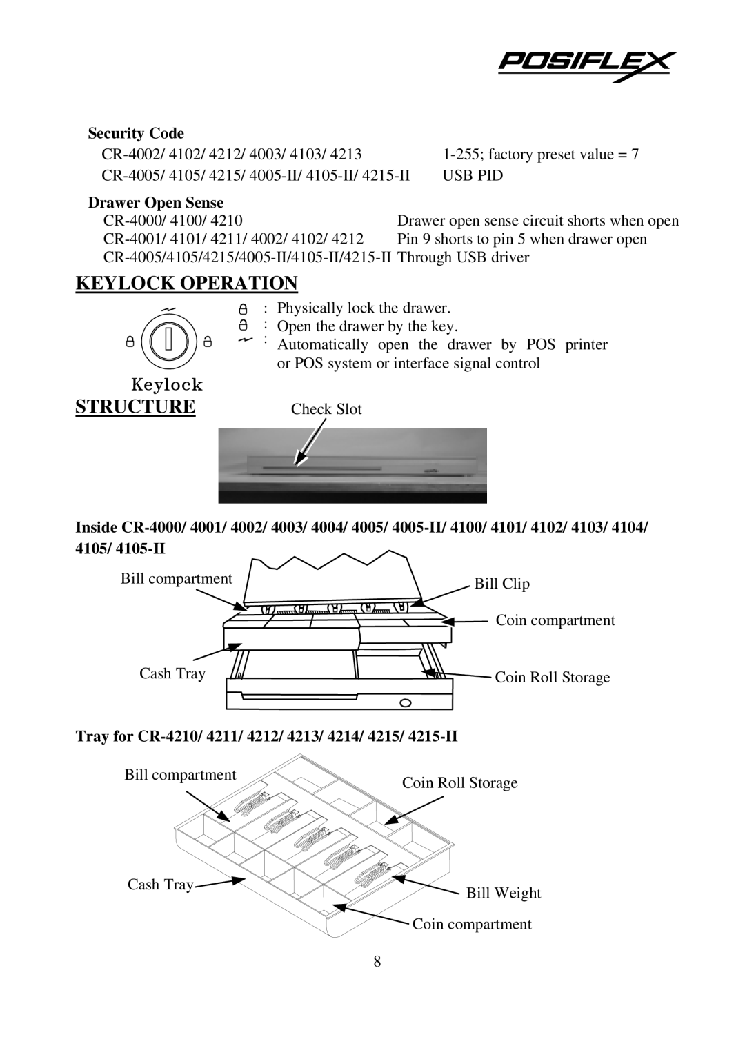 POSIFLEX Business Machines CR-4000 user manual Keylock Operation, Structure, Security Code, Drawer Open Sense 