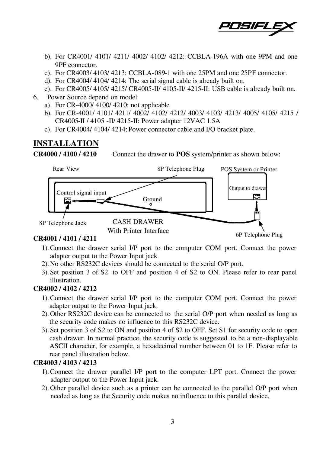 POSIFLEX Business Machines CR400X, CR421X, CR410X user manual Installation, CR4001 / 4101, CR4002 / 4102, CR4003 / 4103 