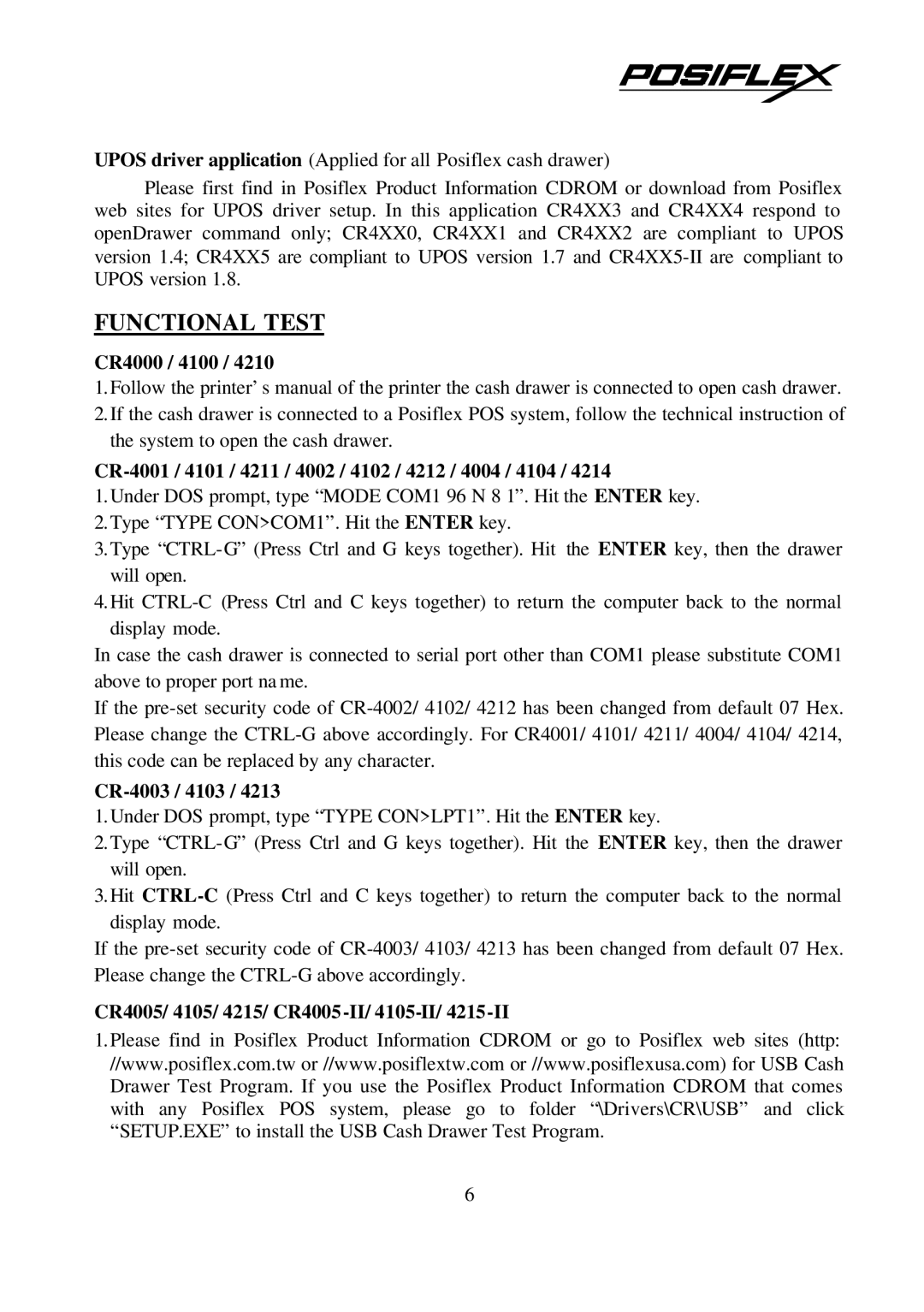 POSIFLEX Business Machines CR400X Functional Test, CR4000 / 4100, CR-4001 / 4101 / 4211 / 4002 / 4102 / 4212 / 4004 / 4104 