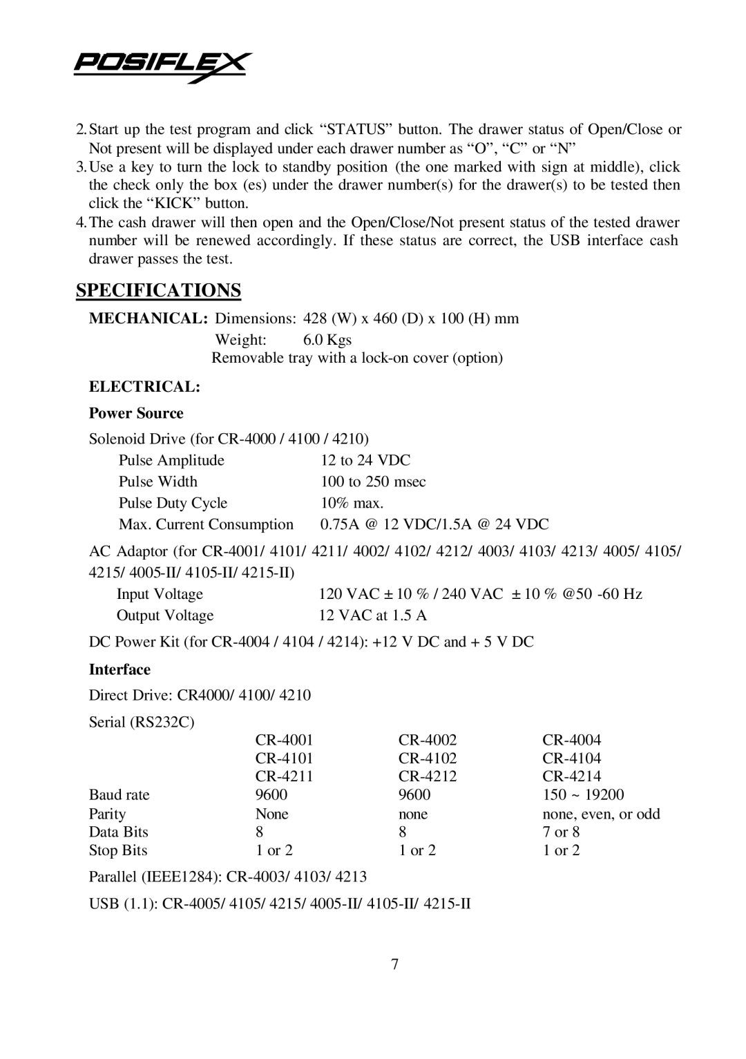 POSIFLEX Business Machines CR421X, CR400X, CR410X user manual Specifications, Electrical, Power Source 