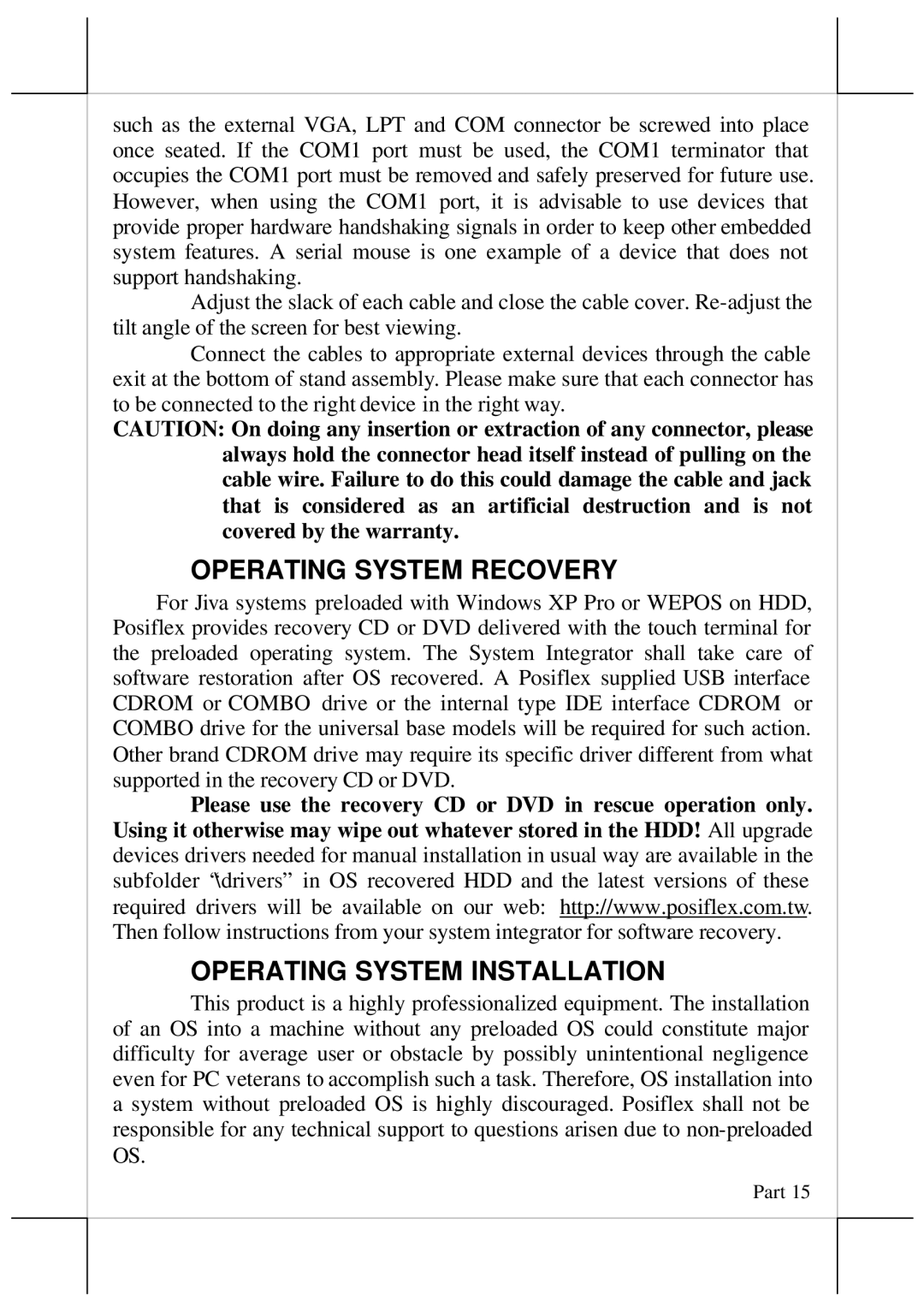 POSIFLEX Business Machines 16280900030, Jiva TP/LT - 5815 Operating System Recovery, Operating System Installation 