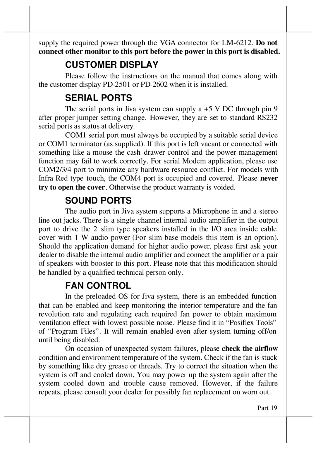 POSIFLEX Business Machines 16280900030, Jiva TP/LT - 5815 Customer Display, Serial Ports, Sound Ports, FAN Control 