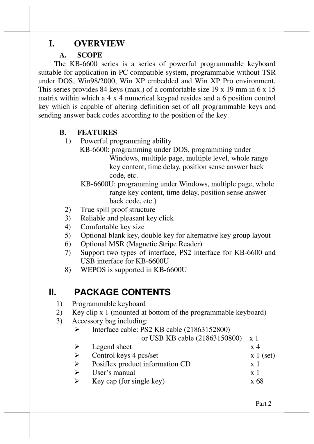 POSIFLEX Business Machines KB-6600U user manual II. Package Contents 