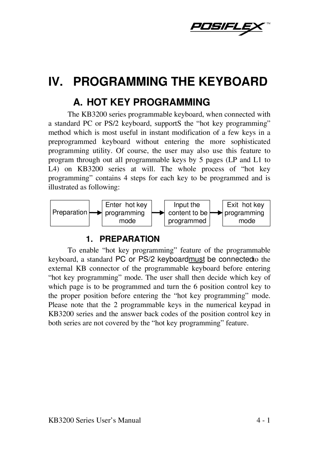 POSIFLEX Business Machines KB3200 user manual HOT KEY Programming, Preparation 